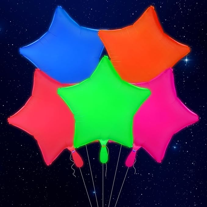 Mega-L Glow in the Dark Party Supplies, 5 Pcs Neon Star Balloons Set – Fluorescent Red, Lemon Yellow, Fuchsia, Blue and Orange Balloons Perfect for Birthday, Wedding, Anniversary, Graduation Party