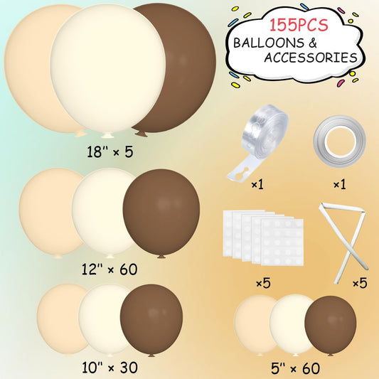 Boho Brown White Nude Balloon Garland Arch Kit, 155Pcs Dark Brown White Sand Neutral Latex Balloons for Woodland Teddy Bear Baby Shower Wedding Birthday Party Decorations