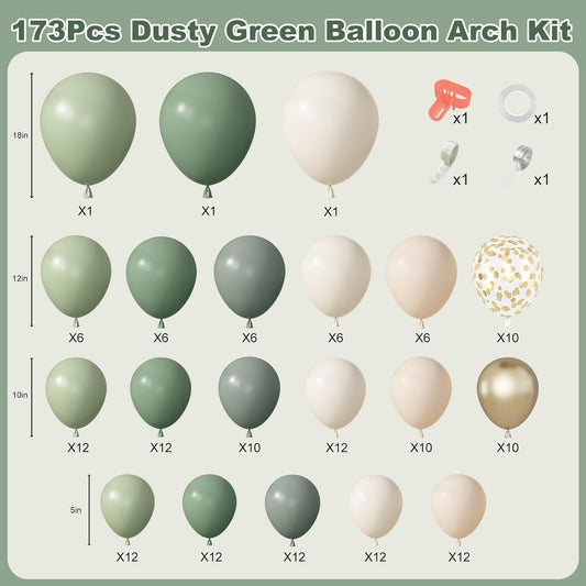 Amandir 173Pcs Dusty Green White Sand Balloon Arch Garland Kit, Beige Cream Mist Olive Light Sage Green Gold Confetti Balloons for Birthday Baby Shower Woodland Wild One Wedding Party Decorations
