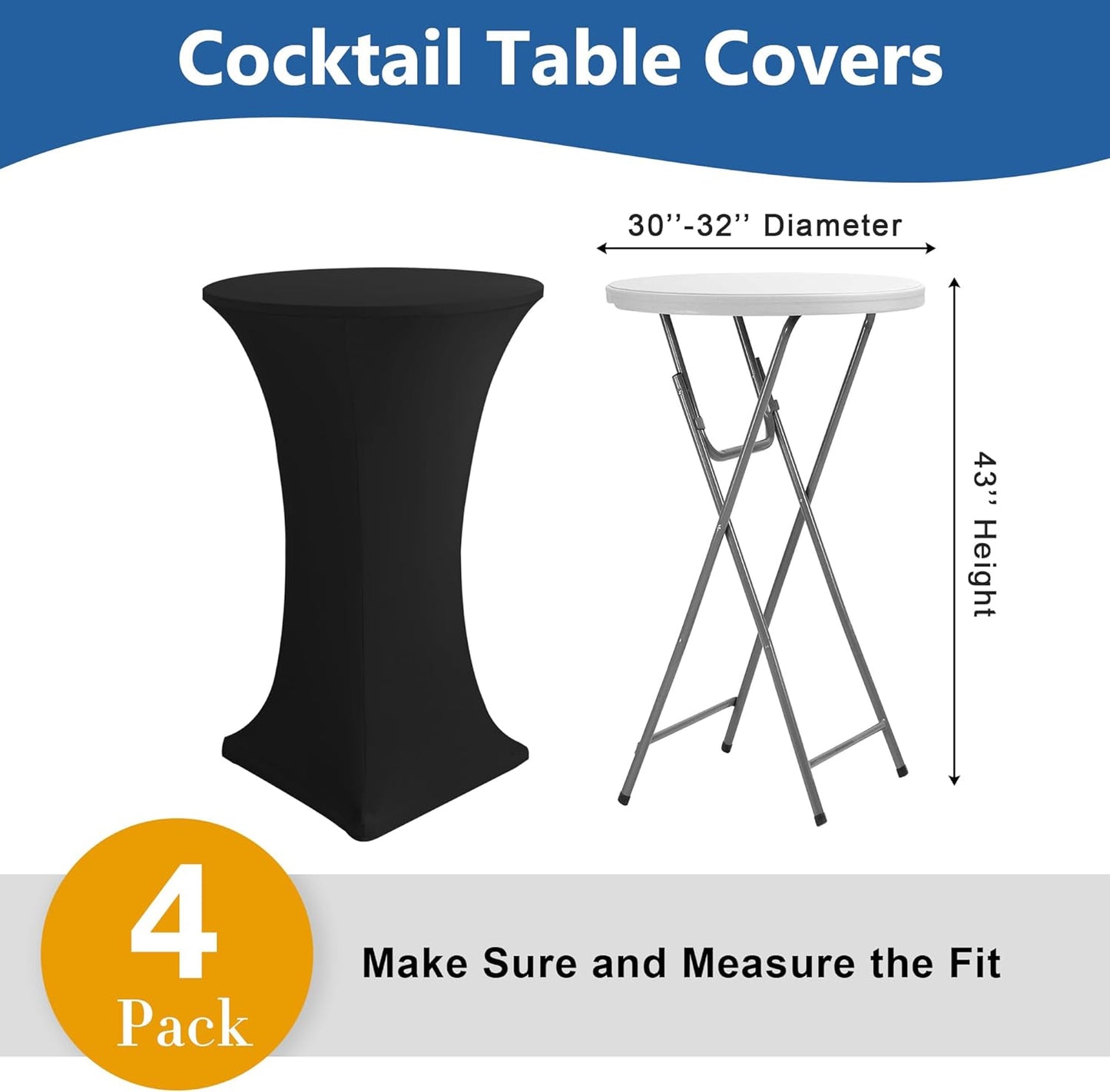 Cocktail Table Covers-Spandex Round High Top Table Cloths 4 Pack 32x43 Inch-Black Stretch Fitted Bar Tall Tablecloth for Pub Bistro Highboy Party Event Banquet Height Folding Satnding Tables