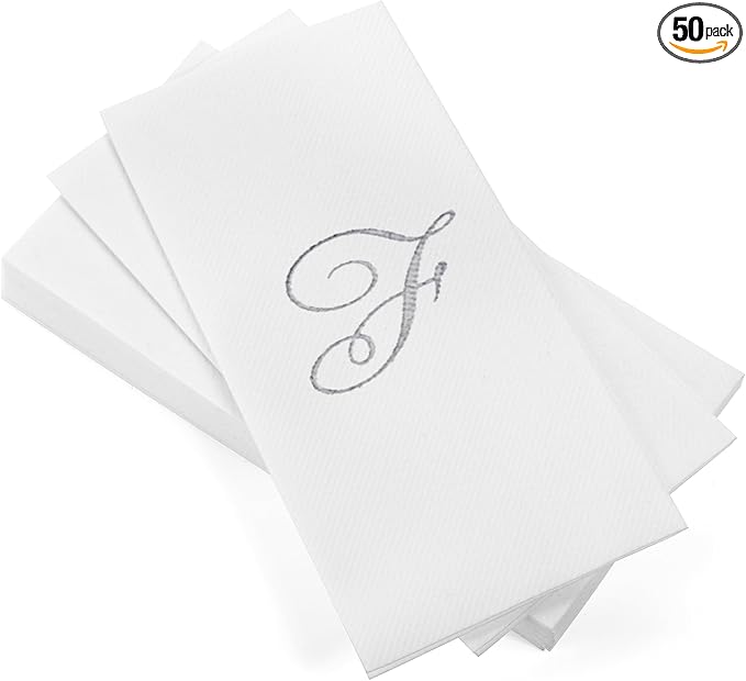 AMERICAN HOMESTEAD Disposable Hand Towels - Silver Foil Monogrammed Guest Napkins - Linen-Like Bathroom Paper Towels for Guests - Perfect Wedding and Party Napkins - 50 Count (Silver F)