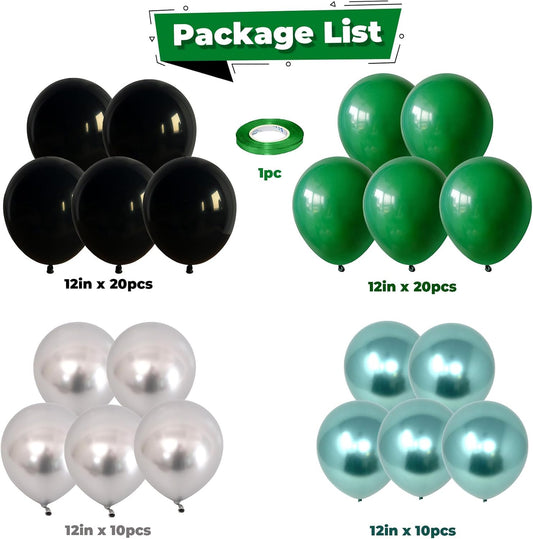 Green Black Balloons Metallic Green Silver Balloons for Graduation Party Decorations Jungle Wild Theme Birthday Decor 60PCS 12INCH Green Black Silver Helium Latex Balloons