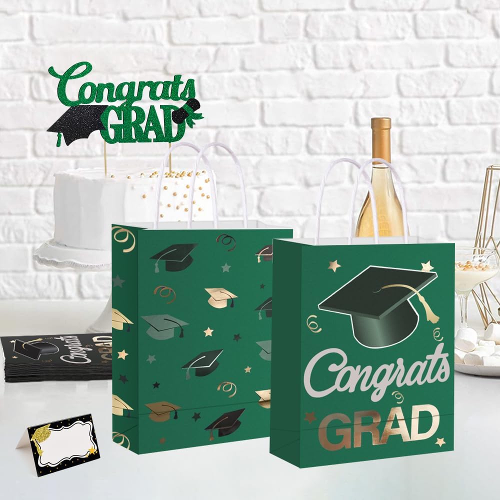 12 Pieces Graduate Gift Bags, Graduation Party Favor Gifts Wrapping Bags for Graduation Season Theme Party Supplies Decoration (Green Gold)