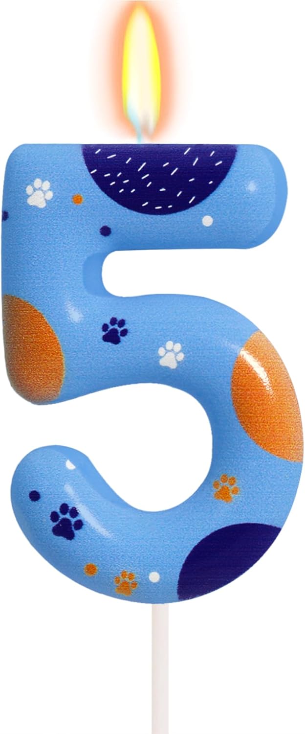 Blue Dog Paw Birthday Candles, Number 5 Print Party Supplies, 2.76 Inch Cake Topper Decorations (Number 5)