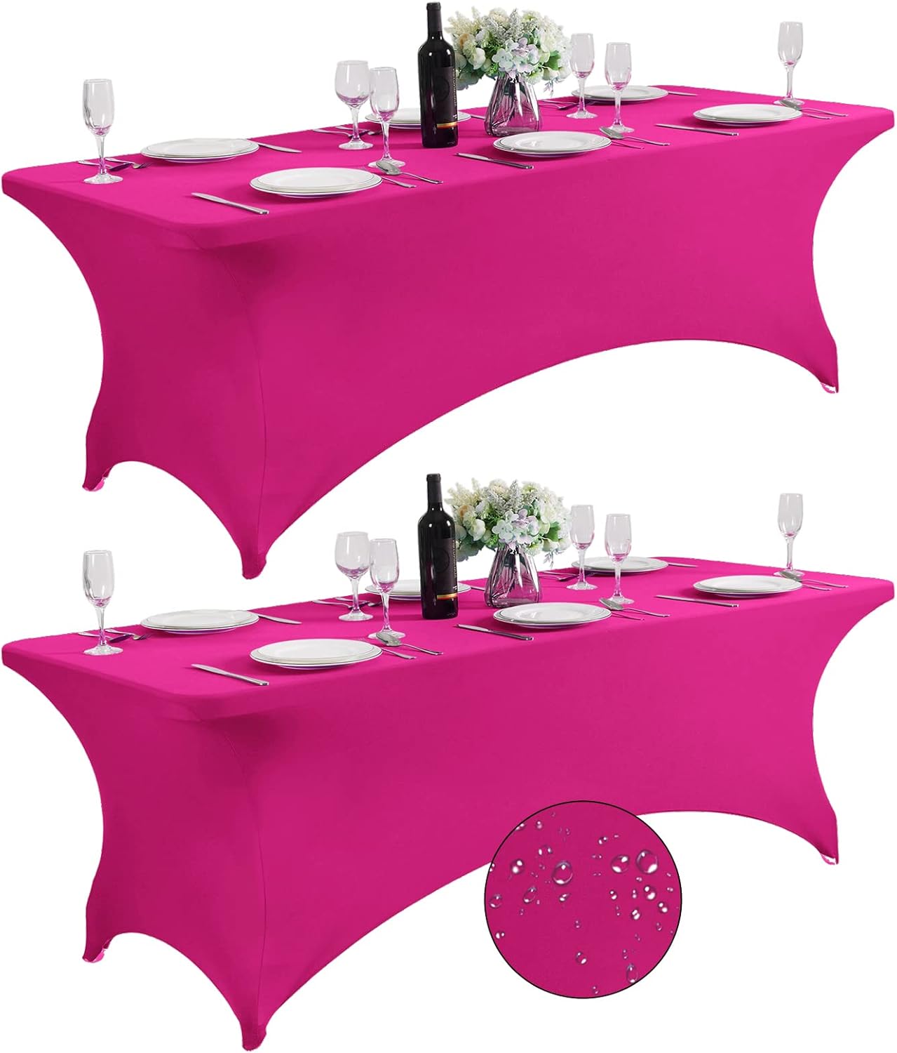 SuperO 2Pack Waterproof Spandex Table Cover for 8FT Table Universal Fitted Stretch Tablecloth for Party, Banquet, Wedding and Events-Fuchsia