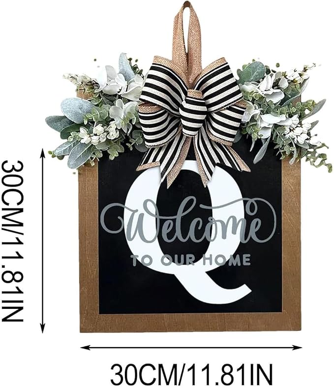 Last Name Year Round Front Door Wreath Front Porch Decoration 26 Letter Welcome Sign with Eucalyptus Garland and Bow Spring Wreaths for Front Door Outside Hanger Garland（Q）