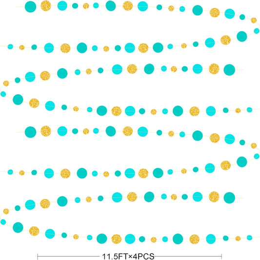 Teal Gold Party Polka Dot Garland Banner Aqua Turquoise Glitter Gold Hanging Paper Circle Dots Streamer for Birthday Baby Shower Wedding Engagement Bridal Shower Retirement Party Decorations Supplies