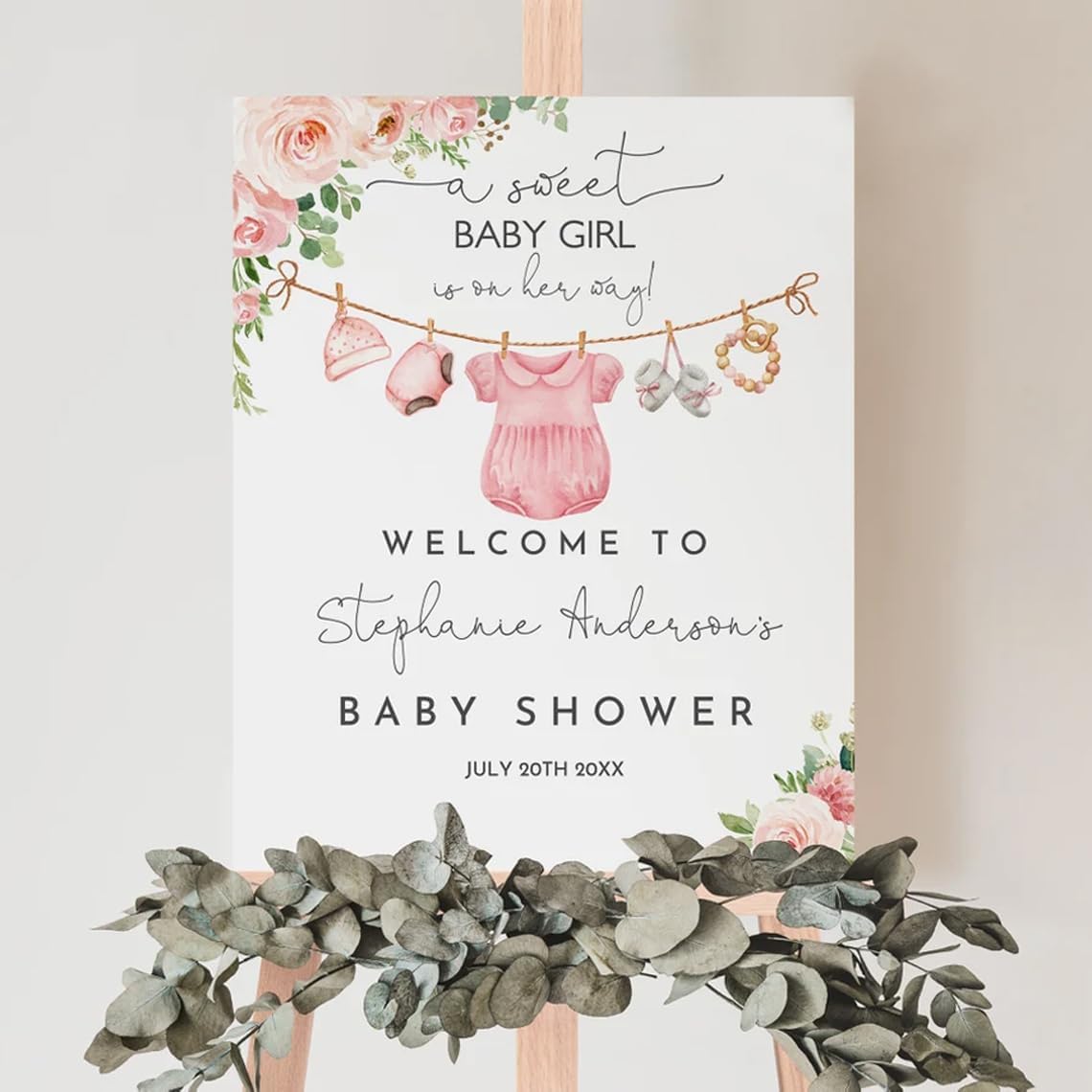 Personalized Pink Sweet Baby Shower Sign, Baby Girl Shower Yard Sign, Baby Shower Decorations, Boho Baby Shower Decorations For Baby Girl, Baby Pink Floral Shower