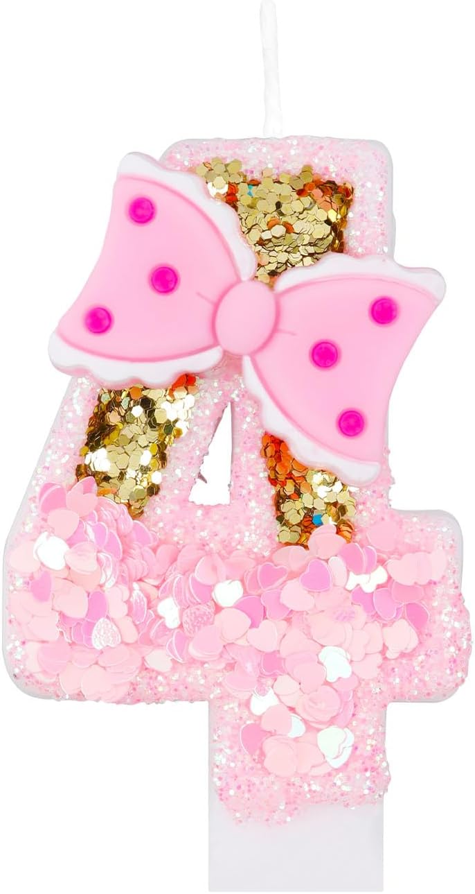 Girls' Pink 4-Number Birthday Candles with Gold Glitter, Bow & Number 1 - Perfect for Cake Decoration & Celebrations