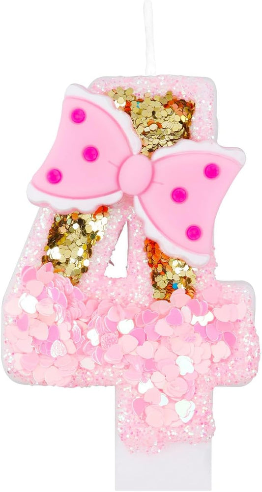 Girls' Pink 4-Number Birthday Candles with Gold Glitter, Bow & Number 1 - Perfect for Cake Decoration & Celebrations