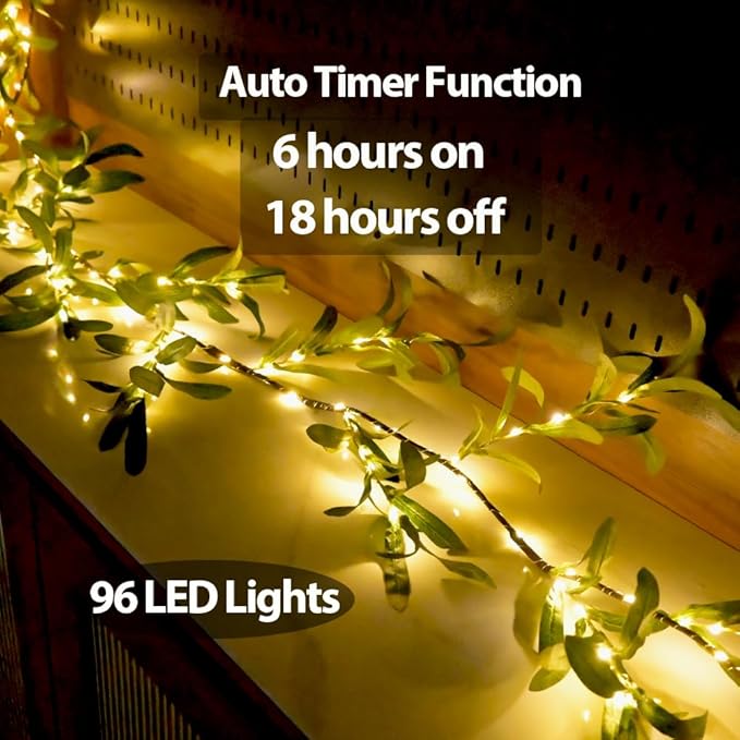 6.56FT Lighted Olive Garland with Lights 96 LED 8 Modes Battery Operated with Timer Artificial Greenery Vine Garland with Lights for Mantel Fireplace Table Wall Patio Wedding Holiday Spring Decoration