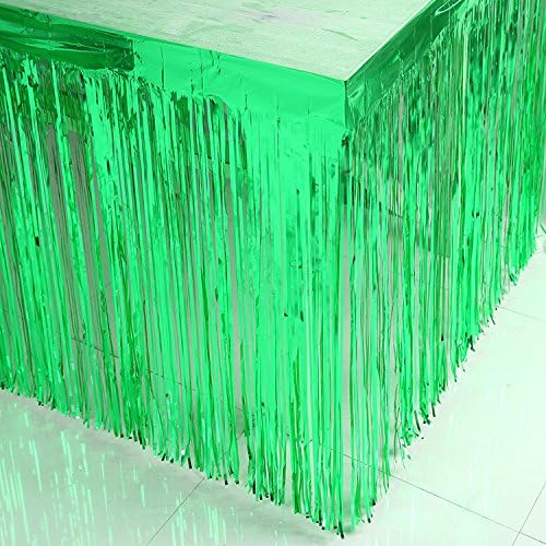 Set of 2 Metallic Foil Fringe Table Skirt 29x108 Inch Tinsel Disposable Skirting for Parade Floats Trailer, Mardi Gras Party, Birthday, Baby Shower, Wedding (Green)