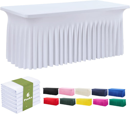 leegleri 6 Pack White Spandex Table Clothes for 6 Foot Rectangle Tables, Wrinkle Free 6ft FittedTable Cover, Spandex Table Skirt for 6FT Rectangle Tables-for Banquet Weddings Parties