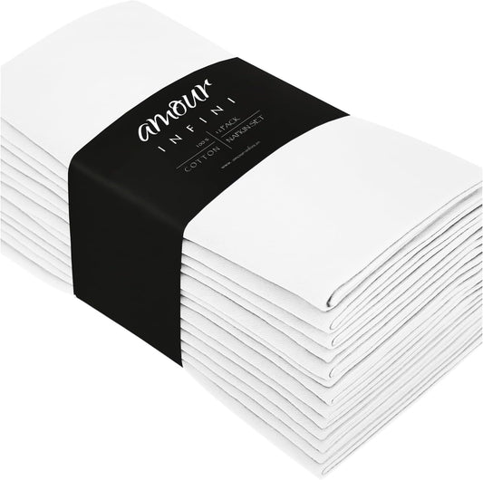 AMOUR INFINI Cotton Cloth Napkins Set of 12 - Soft Premium Dinner Napkins with Hemmed Edges, Hotel Quality 18x18 Inch for Home Dining, Table Decor (White)