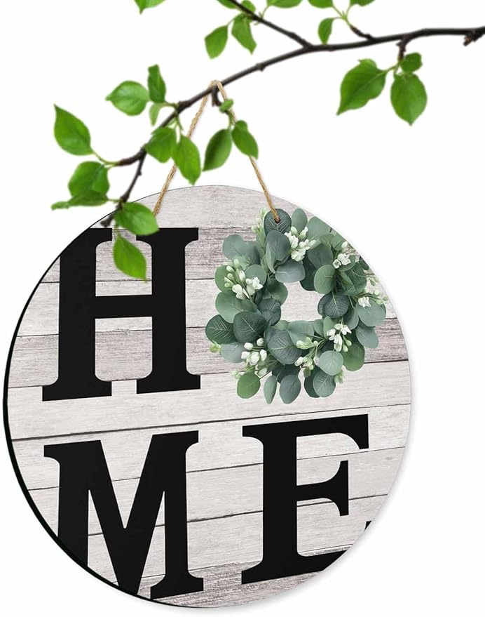 Eucalyptus Leaves Welcome Sign for Front Door, Home Garland Vintage Wood Grain Round Wooden Hanging Sign Housewarming Gift for Home Outdoor Indoor, Front Porch Decor 12inch