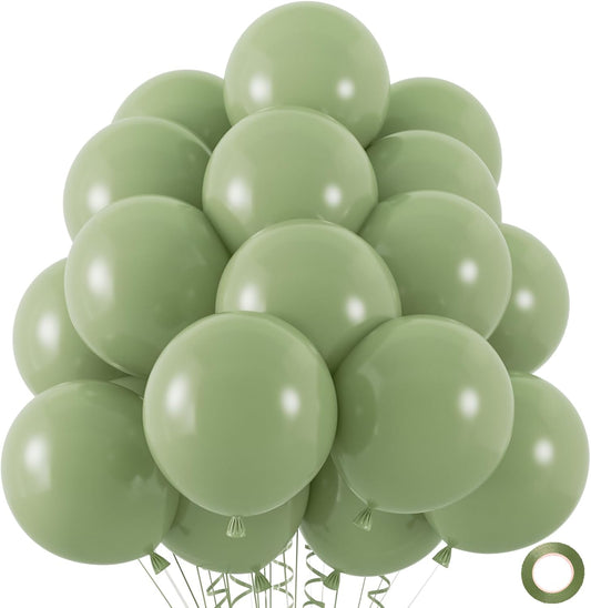 50pcs Sage Green Balloons, 12inch Matte Boho Green Balloons for for Wedding Decor Safari Baby Shower Jungle Birthday Balloon Decoration (With Ribbon & Glue)
