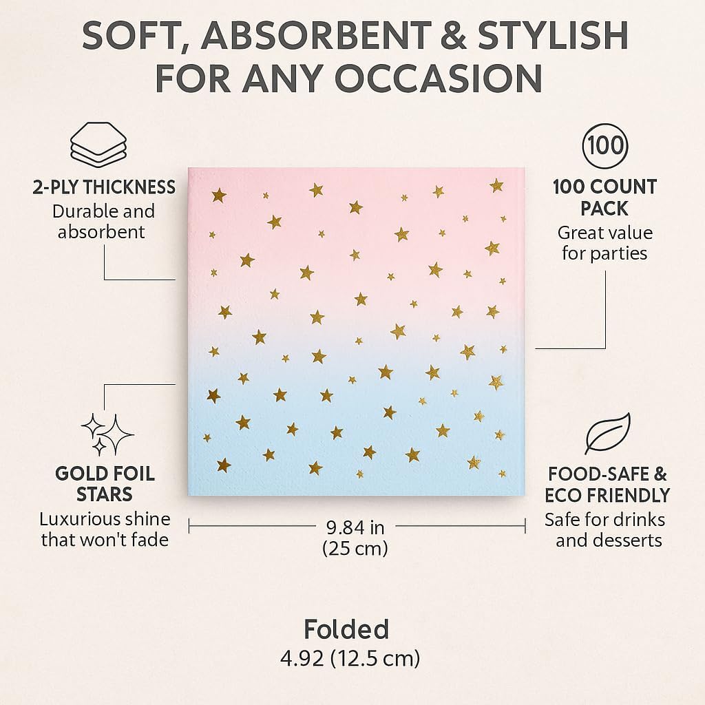 100 Gold Star Cocktail Napkins- 2-Ply Gradient paper Napkins for Parties, Weddings, Birthday, Bars & Everyday Use- Disposable Fancy Dinner Napkins (100-Pack)