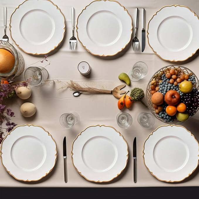 White Scalloped Charger Plates with Gold Rim, 13" Plastic Decoration Charger for Dinner Plates, Wedding, Tabletop Decor(Set of 6)