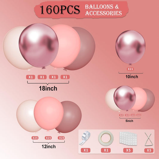 Pink Balloon Garland Arch Kit, 160Pcs Pastel Dusty Nude Metallic Pink Balloons for Birthday Princess Wedding Bridal Baby Shower Party Decorations