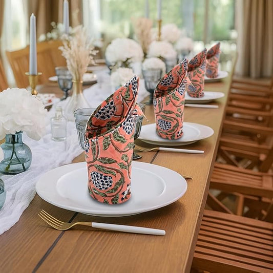 Ridhi Dark Salmon Hand Block Print 100% Cotton Napkins 18" x 18" (Set of 4) Reuseable Kitchen Napkins Cloth Decor Dinner Party Wedding Cocktail Gift for Spring, Easter, Valentine