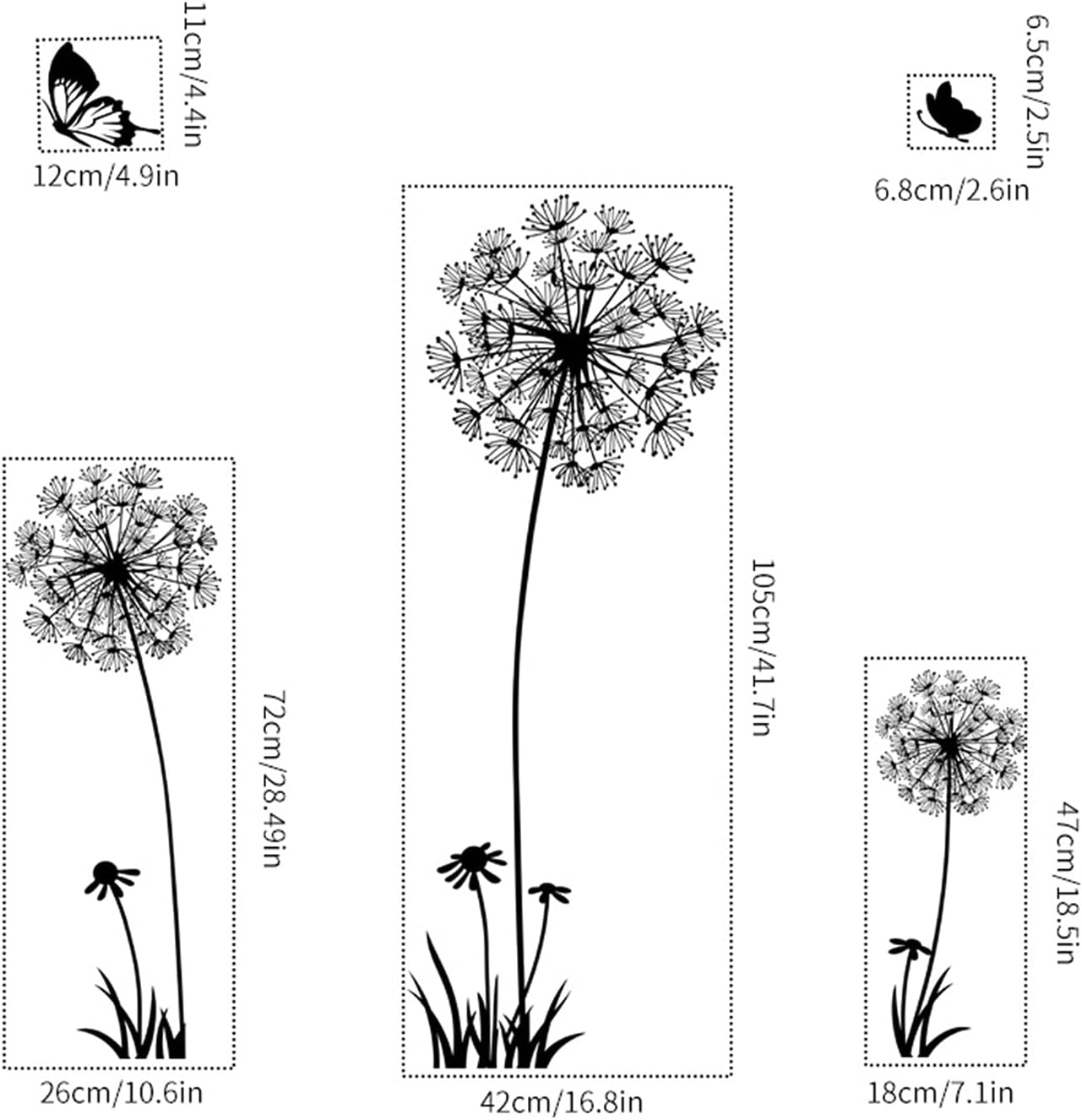 2 Set Dandelion Wall Decals, Flower Stickers, Murals With Butterflies for Bedroom, Office, Bathroom, Living Room - Removable Floral Peel and Stick Art Decoration