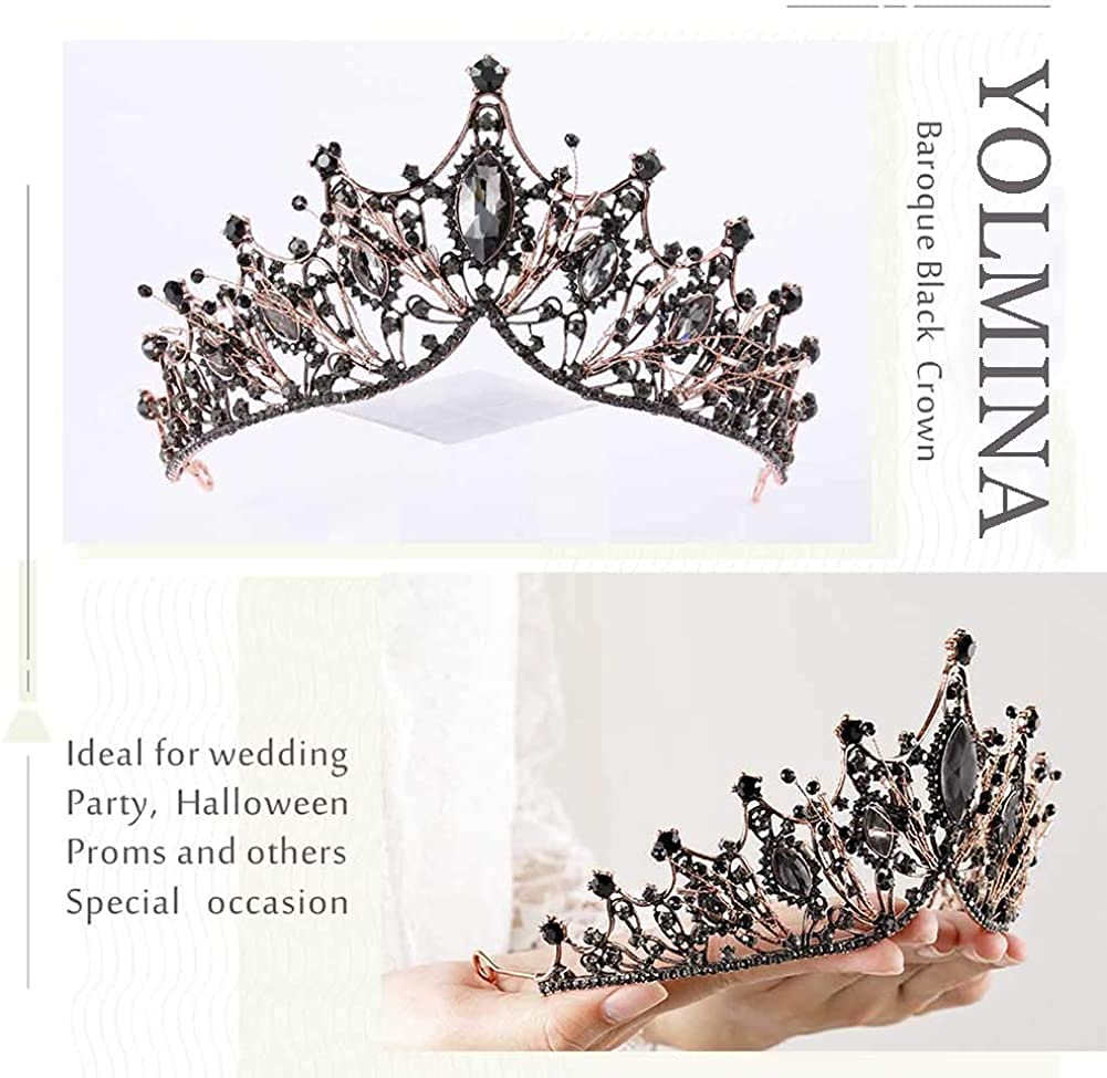 Baroque Black Queen Crown for Women, Dark Gothic Princess Tiaras and Crown Handmade Crystal Headband Birthday Tiara for Women – Wedding Halloween Faire Costume Birthday Music Festival