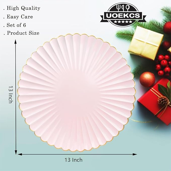 Pink Chargers for Dinner Plates, 13 Inch Plastic Charger Plates, Decorative Chargers for Wedding Party, Tabletop Decor. (Set of 6)
