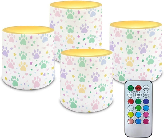 Poceacles LED Flameless Candles Set of 4 Flickering Night Lights with Remote and Timer, Stylish Design Battery Operated Candles for Indoor Outdoor Decorations, Cute Paw Star Love Print White