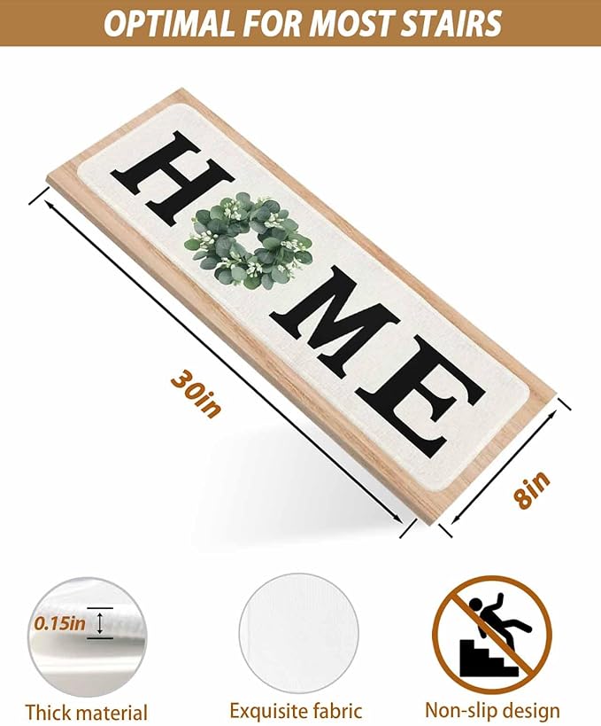 15 Pack Stair Treads for Wooden Steps, Home Green Eucalyptus Leaves Garland Non-Slip Carpet Mat Washable Step Tread Rugs Self Adhesive Pads, Retro Linen Indoor Stair Runner for Elders,Pets,8x30IN