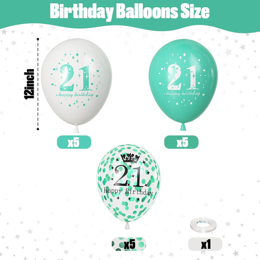 21st Birthday Balloons & Decorations - Teal, White & Turquoise Latex Balloons for Boys & Girls, Confetti, Party Supplies