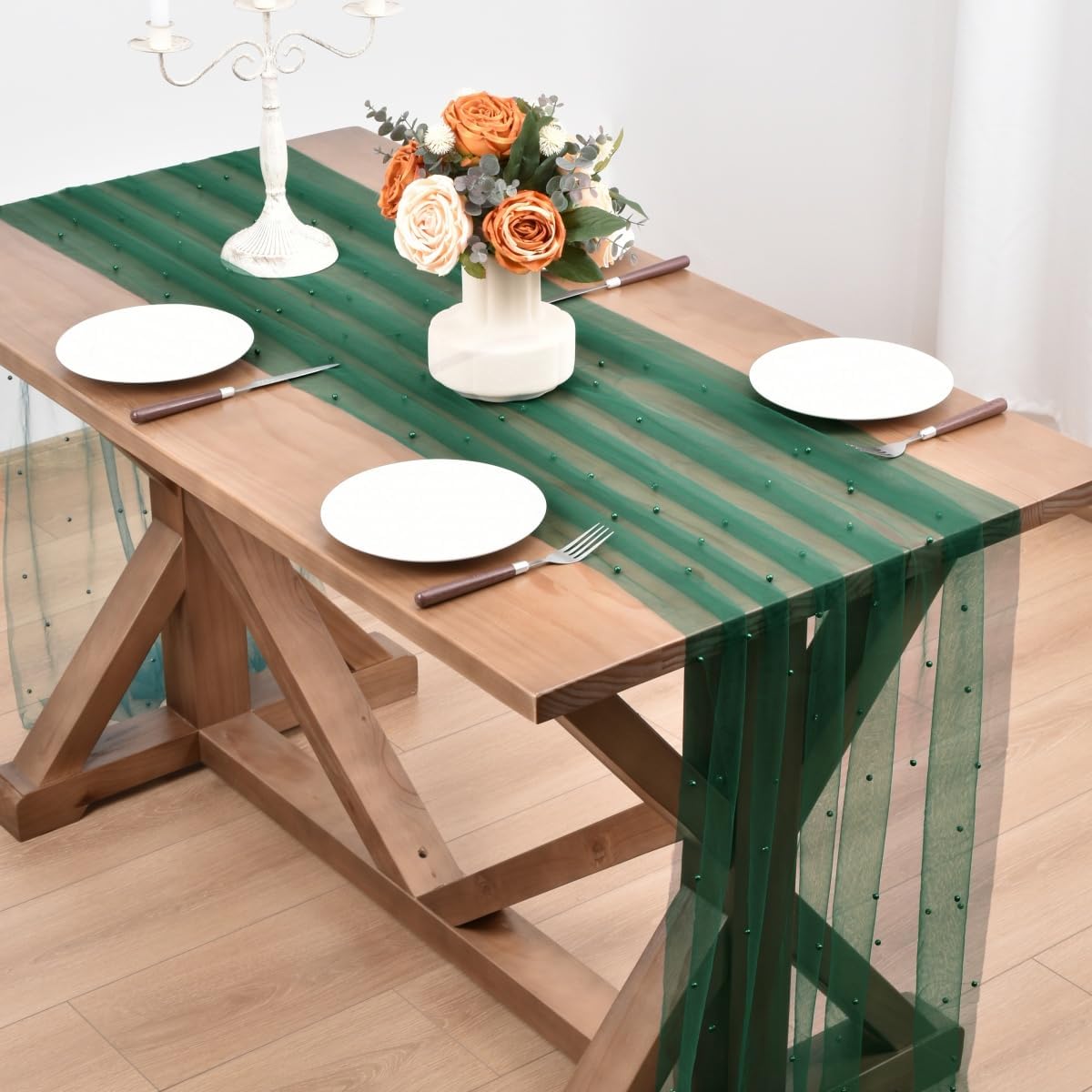 Dark Green Pearl Fall Thanksgiving Table Runner Boho Rustic Tulle Lace Table Runner for Baby Shower Wedding Arch Decor Veil Dessert Table Decor