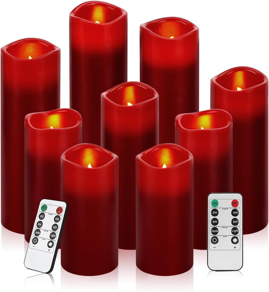 antizer Flameless Candles Led Candles Pack of 9 (H 4" 5" 6" 7" 8" 9" x D 2.2") Burgundy Real Wax Battery Candles with Remote Timer