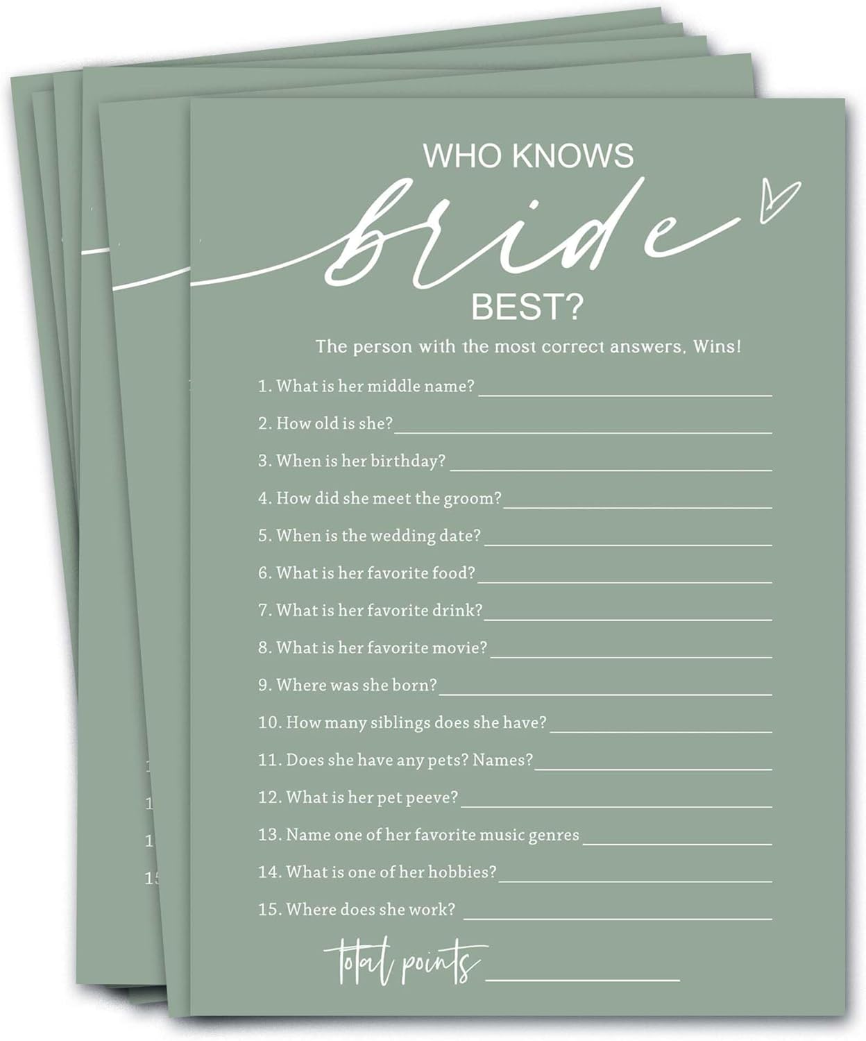 Bridal Shower Games Cards, Who Knows The Bride Best, Bridal Shower Game 25 Guests, Engagement Party Wedding Games for Guests, Minimalist Green Wedding Party Supplies - C03