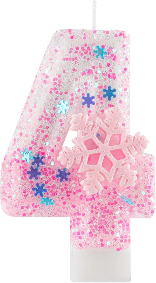 Pink Frozen Snow Themed Birthday Candles,Pink Snowflake Number 4th Birthday Candle for Party Supplies,Winter Frozen Birthday Party Number 4 Cake Topper Decorations
