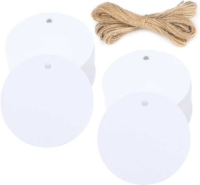 G2PLUS 100PCS White Gift Tags with String，2.2'' Round Paper Tag Blank Hang Tag Circle Tags with Holes for Craft Projects, Xmas Gift, DIY Wedding Favor Bag