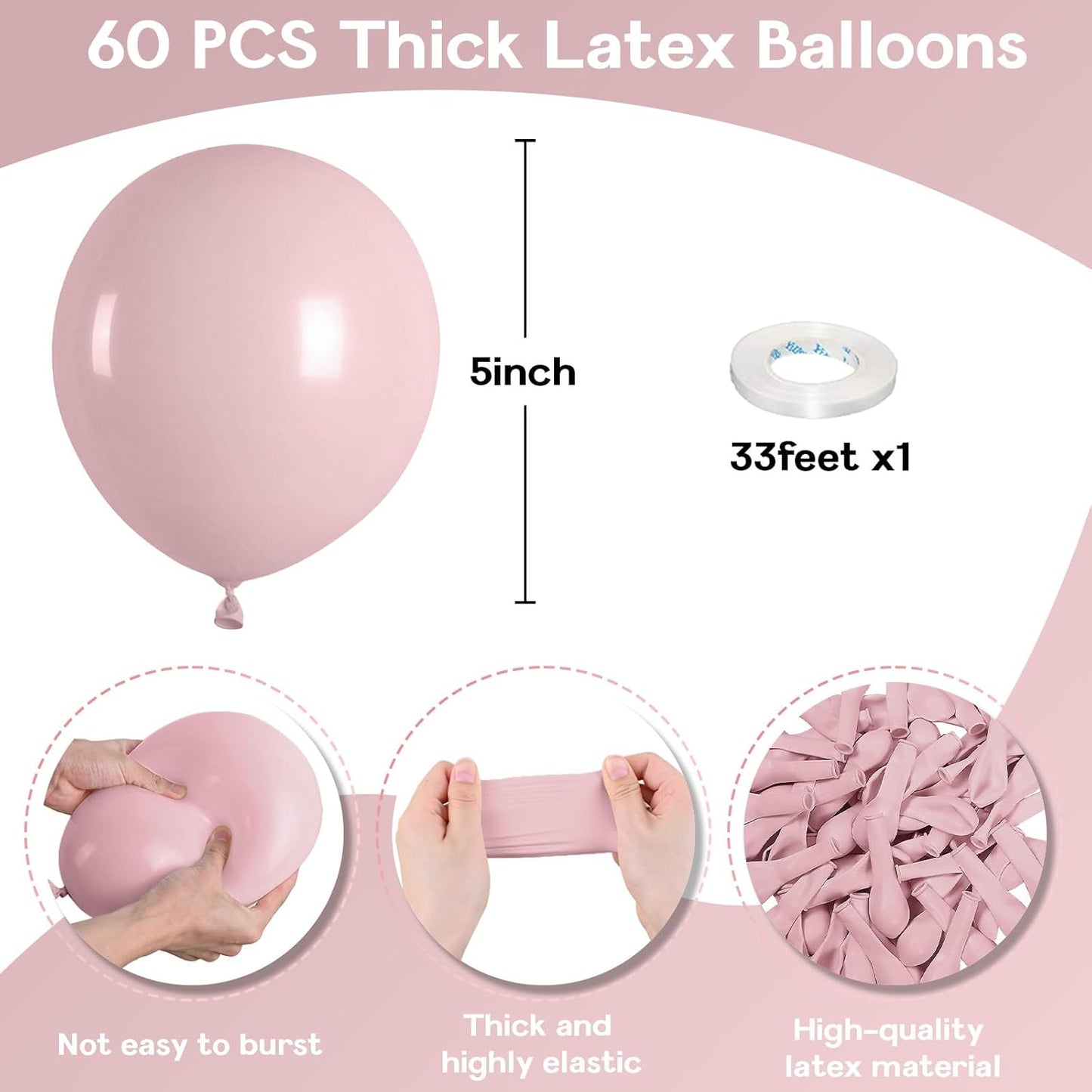 5 Inch Pink Balloons, 60 Pcs Boho Blush Pink Party Balloon Small Dusty Rose Nude Pink Balloons 5'' Mini Retro Vintage Pink Latex Helium Balloon for Girl Baby Shower Wedding Birthday Party Decor