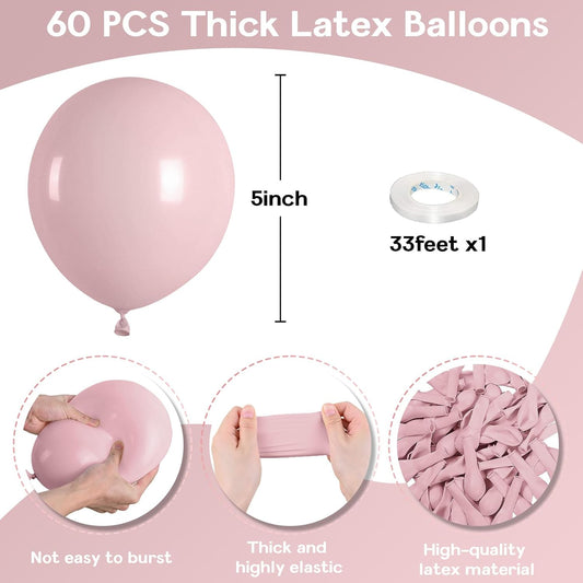 5 Inch Pink Balloons, 60 Pcs Boho Blush Pink Party Balloon Small Dusty Rose Nude Pink Balloons 5'' Mini Retro Vintage Pink Latex Helium Balloon for Girl Baby Shower Wedding Birthday Party Decor
