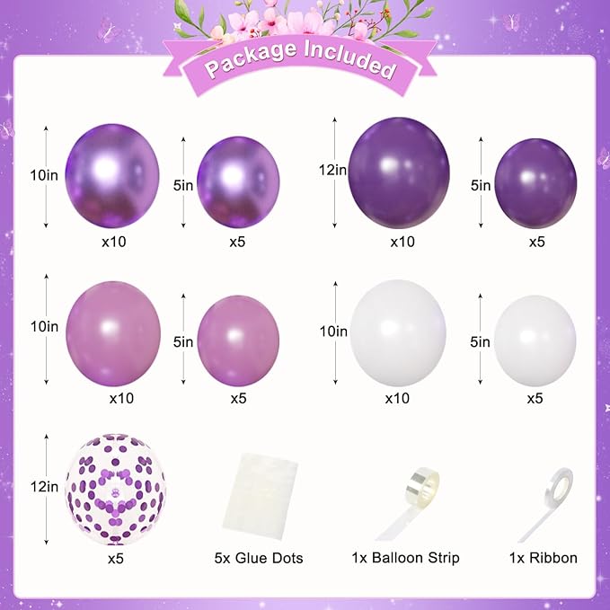 Purple Birthday Decorations for Women Girls, Metallic Dark Dusty Purple White Purple Foil Confetti Balloons Happy birthday Banner Purple Butterfly Fringe Curtains Birthday Decorations