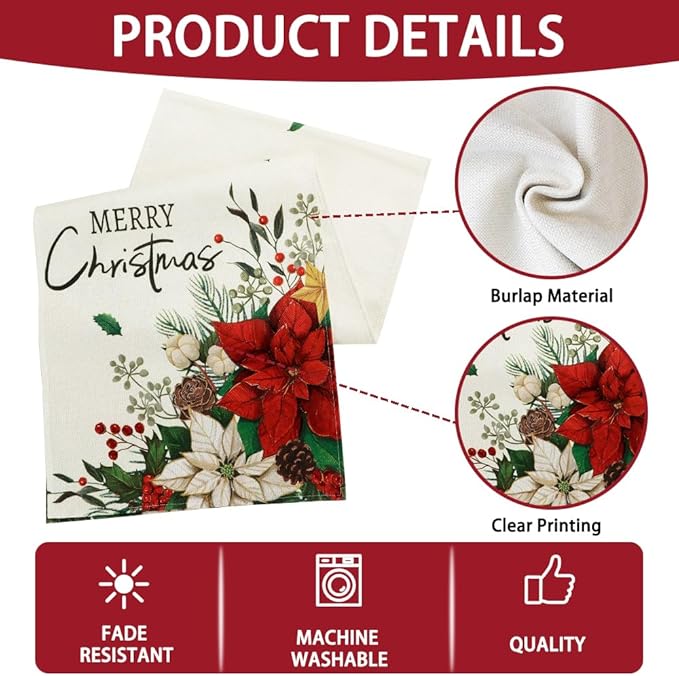 Merry Christmas Winter Table Runner, 13x72 inch Red Floral Holly Berry Vintage Xmas Seasonal Holiday Kitchen Dining Table Runners for Home Indoor Mantel Party Farmhouse Decoration