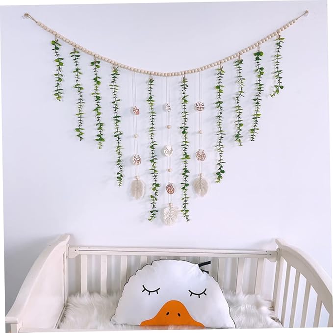 Wooden Bead Wall Garland Artificial Eucalyptus Leaves Rustic Home Decor for Bedroom and Weddings 1 Piece