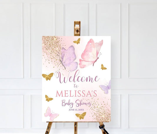 Editable Butterfly Baby Shower Welcome Signs, Butterfly Welcome Poster, Personalized Welcome Signs for Baby, Plastic Sign, Baby Shower Decoration for Girls, Instant Download 18x24", Butterfly Decor