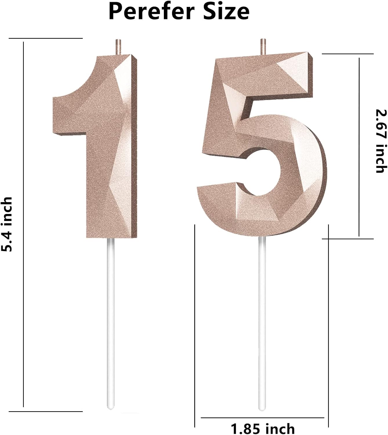 Number Birthday Candles(15 Candle Rose Gold) 3D Diamond Shape Number Happy Birthday Cake Candles for Birthday Party Wedding Decoration Reunions Theme Party