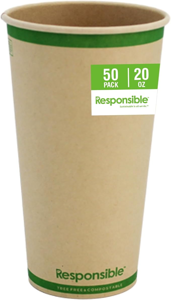 Responsible Products Certified Compostable 20 oz Paper Cups, Cold ＆ Hot Coffee Cups, Disposable Paper Cups, Extra Strength Disposable Cups, Made without PFAS (50 count)