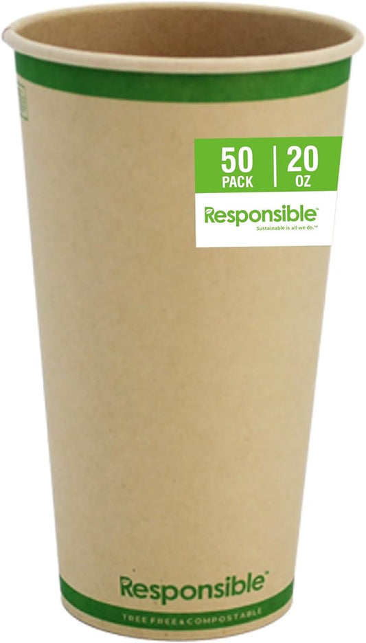 Responsible Products Certified Compostable 20 oz Paper Cups, Cold ＆ Hot Coffee Cups, Disposable Paper Cups, Extra Strength Disposable Cups, Made without PFAS (50 count)