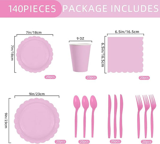 140 Pcs Pink Paper Plates and Napkins, Light Pink Party Supplies Include Scalloped Plates Napkins Cups Plastic Spoons Forks Knives for Baby Bridal Shower, Wedding, Birthday