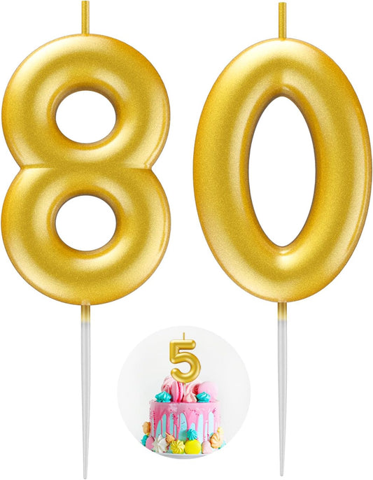 Gold Number 80 Candle Happy Birthday 3D Number Candles for Birthday Cake Party Decoration Wedding Anniversary Celebration Supplies