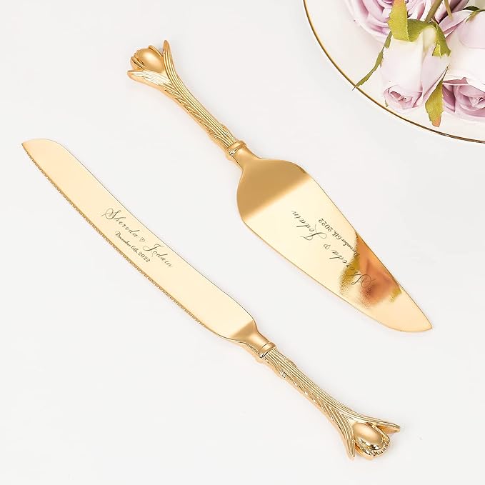 TUKDAK Cake Cutting Set for Wedding, Personalized Gold Cake Knife and Server Set, Custom Cake Serving Set, Engraved Pastry Pie Server Cake Pizza Cutter, Birthday Bridal Gift (CUS-Romance)