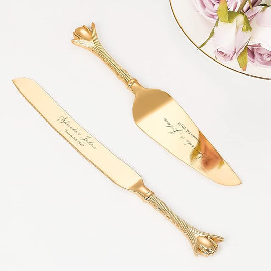 TUKDAK Cake Cutting Set for Wedding, Personalized Gold Cake Knife and Server Set, Custom Cake Serving Set, Engraved Pastry Pie Server Cake Pizza Cutter, Birthday Bridal Gift (CUS-Romance)