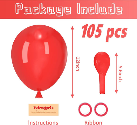105pcs Red Balloons 12inch Party Latex Balloons for Valentine's Day Birthday Christmas Baby Shower Wedding Anniversary Party Decorations
