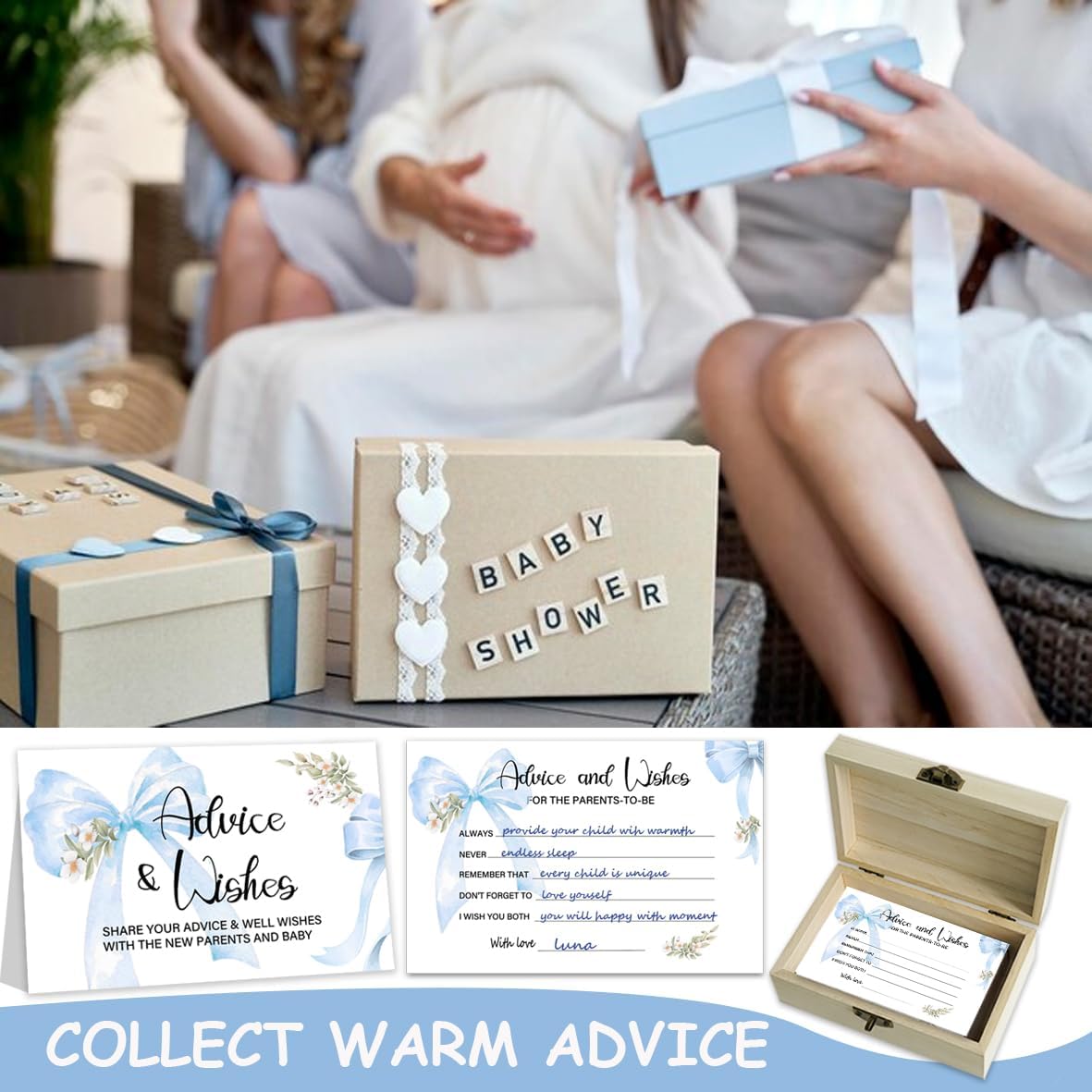 50Pcs Blue Bow Baby Shower Advice Cards for Baby Shower Games, Bow Advice and Wish Cards Box for New Parents Baby Shower Decorations (Blue)